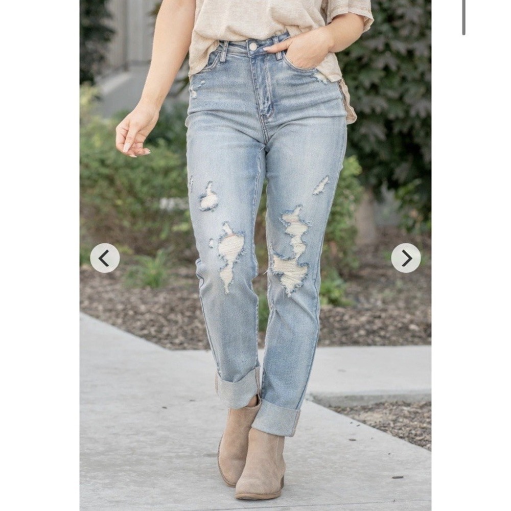 Judy Blue High Waist Double Cuff Fray‎ Hem Distressed Boyfriend Jeans Size 3/26
